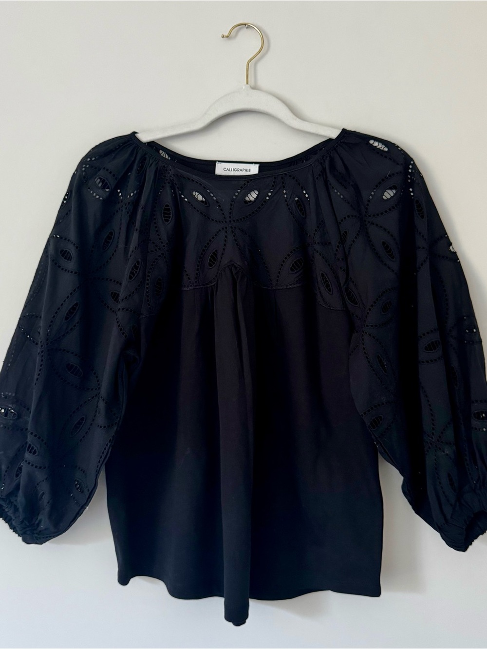 Anthro Calligraphie 3/4 Sleeve Eyelet Cotton Peasant Top, Black – Size Small